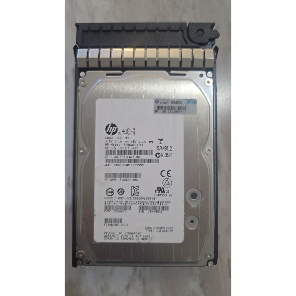 HP 533871-003, 600GB,SAS interface, 15k RPM 3.5"  Server Hard Drive